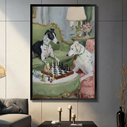 Two Dalmatians playing chess on green French gilt sofa impressionist oil painting in black frame on dark grey panel wall – black white spotted dogs chess board classical interior canvas wall art for living room