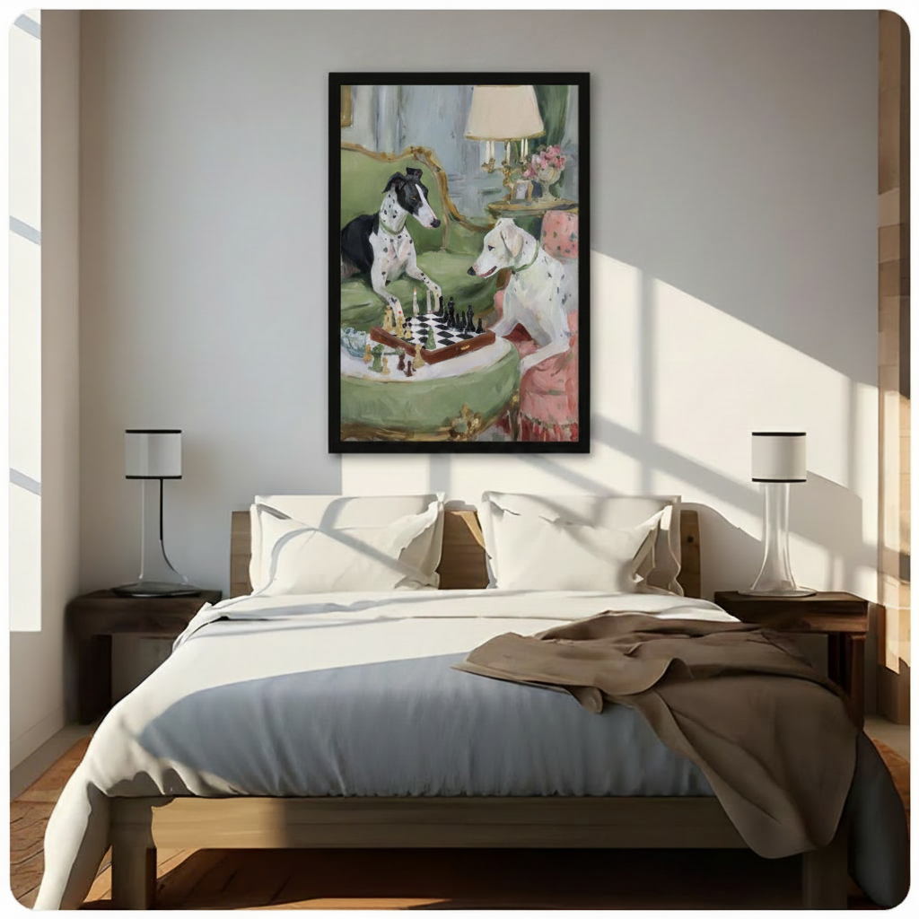 Framed two Dalmatians playing chess on ornate green gilt sofa impressionist oil painting above wooden bed in sunlit bedroom – spotted dogs classical salon chess canvas wall art for bedroom decor