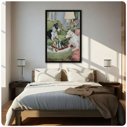 Framed two Dalmatians playing chess on ornate green gilt sofa impressionist oil painting above wooden bed in sunlit bedroom – spotted dogs classical salon chess canvas wall art for bedroom decor