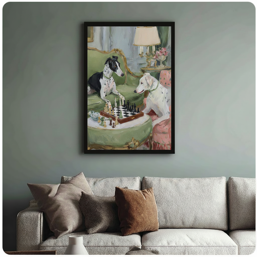 Framed two Dalmatians playing chess on green gilt French sofa impressionist oil painting above cream sofa on sage green wall – aristocratic spotted dog chess scene canvas wall art for living room decor