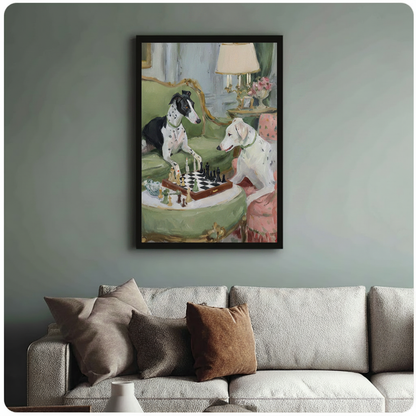 Framed two Dalmatians playing chess on green gilt French sofa impressionist oil painting above cream sofa on sage green wall – aristocratic spotted dog chess scene canvas wall art for living room decor