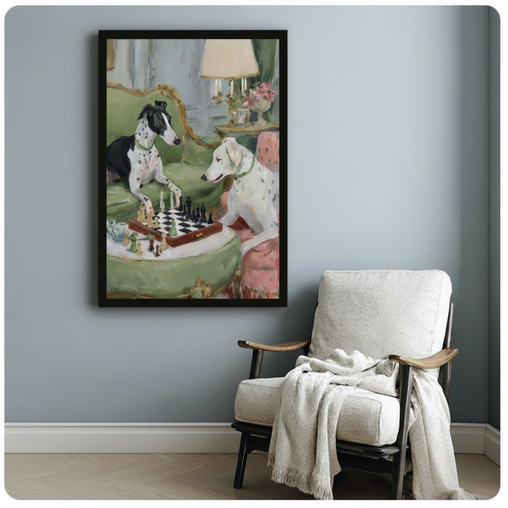 Two Dalmatians chess game framed impressionist oil painting beside white linen armchair on pale blue wall – black white spotted dogs ornate green sofa classical interior canvas art for reading corner