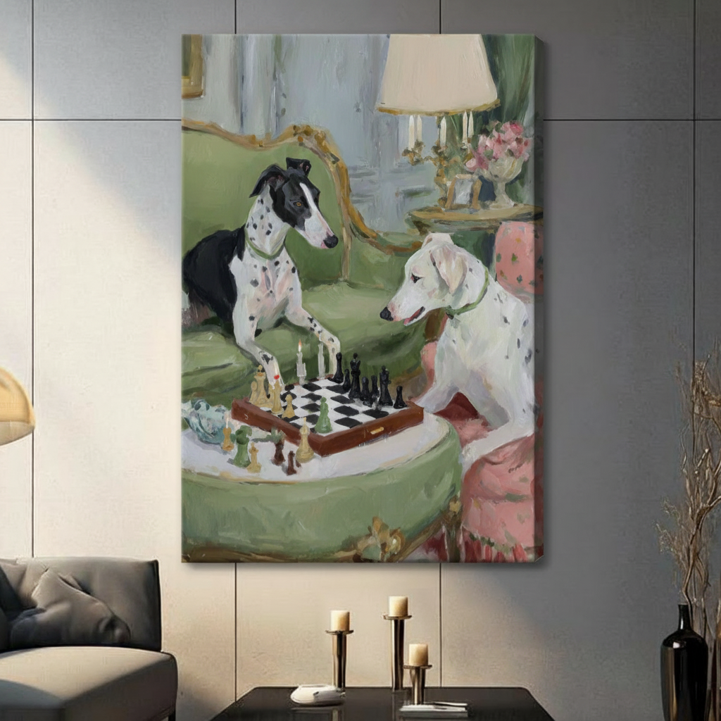 Frameless two Dalmatians playing chess on ornate green sofa impressionist oil painting on dark grey panel wall – spotted dogs chess game candlestick classical salon canvas print for contemporary living room