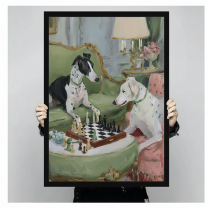 Hands holding framed two Dalmatians playing chess on green French gilt sofa impressionist oil painting – spotted dogs chess board candlestick classical interior wall art size reference display