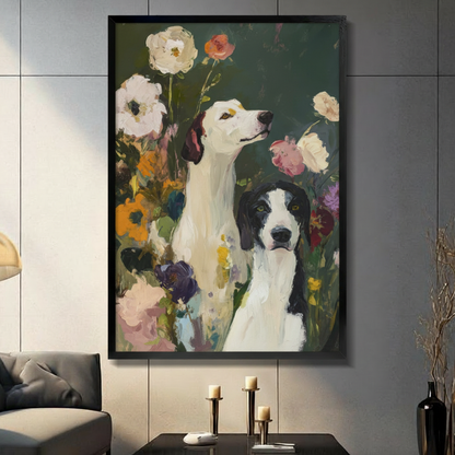 Framed oil painting wall art featuring two black and white dogs surrounded by colorful garden flowers on a dark green background, displayed in a modern living room above a console table