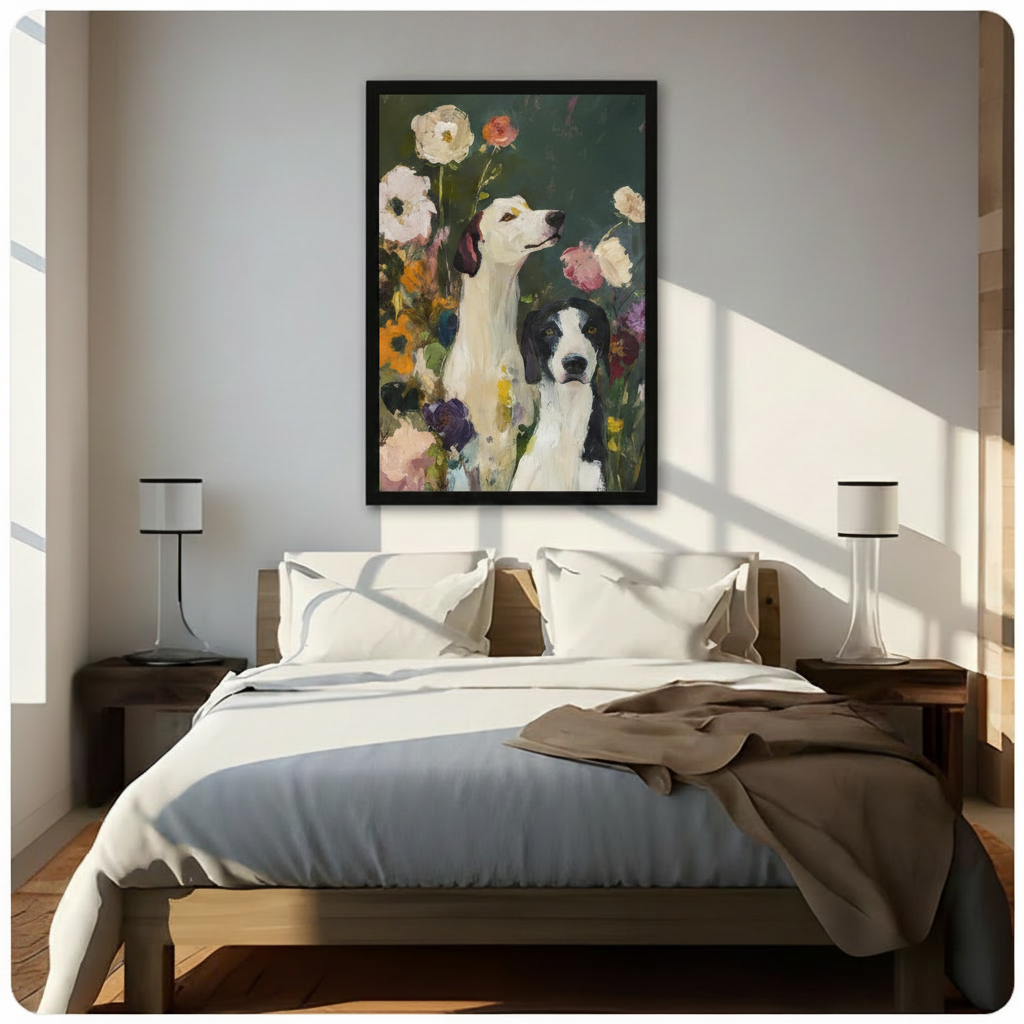 Framed floral dog wall art of a greyhound and spaniel surrounded by garden flowers, hung above a wooden bed in a bright sunlit minimalist bedroom