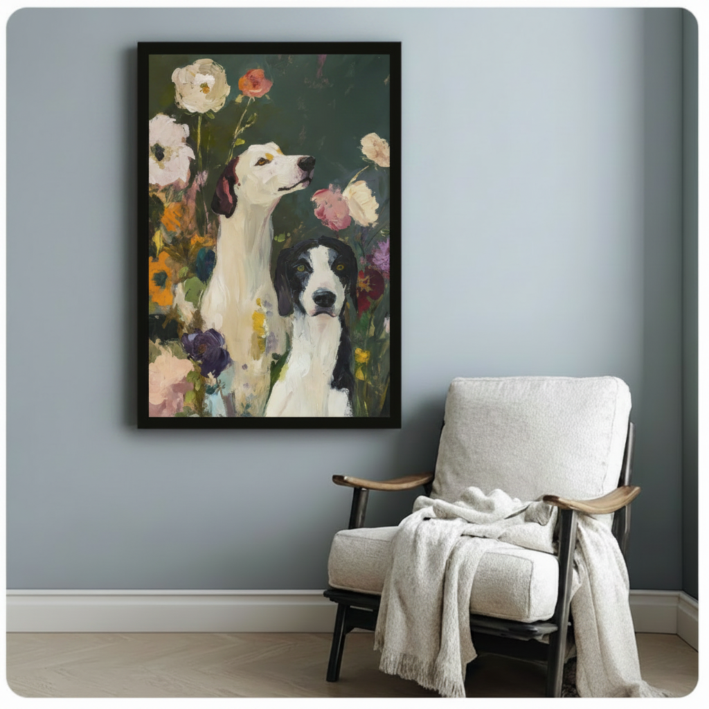 Black-framed botanical dog wall art showing two dogs among lush garden blooms, styled on a soft blue-grey wall beside a white linen armchair