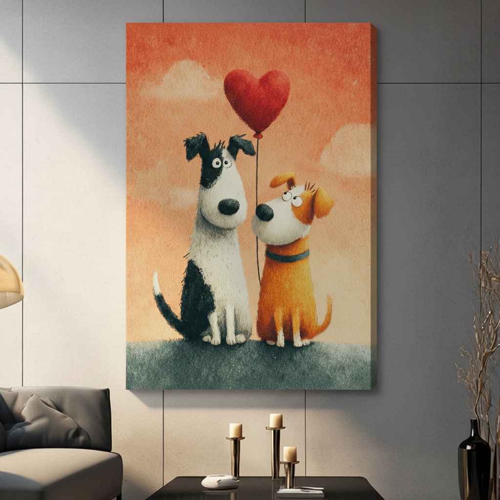 A tall black and white dog and a small orange dog sitting side by side holding a red heart-shaped balloon on a warm sunset background cute dog wall art stretched canvas in a living room with dark gray tiled wall sofa candle holders and black vase
