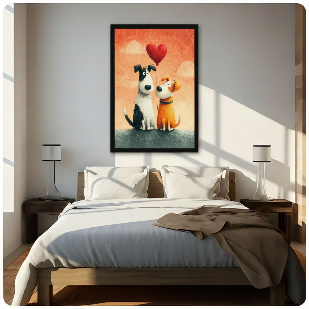 Two cute cartoon dogs a tall black and white dog and a small orange dog sitting together with a red heart balloon on a glowing orange background whimsical dog love wall art framed print above a bedroom with white linen bedding dark wood bed frame and white table lamps