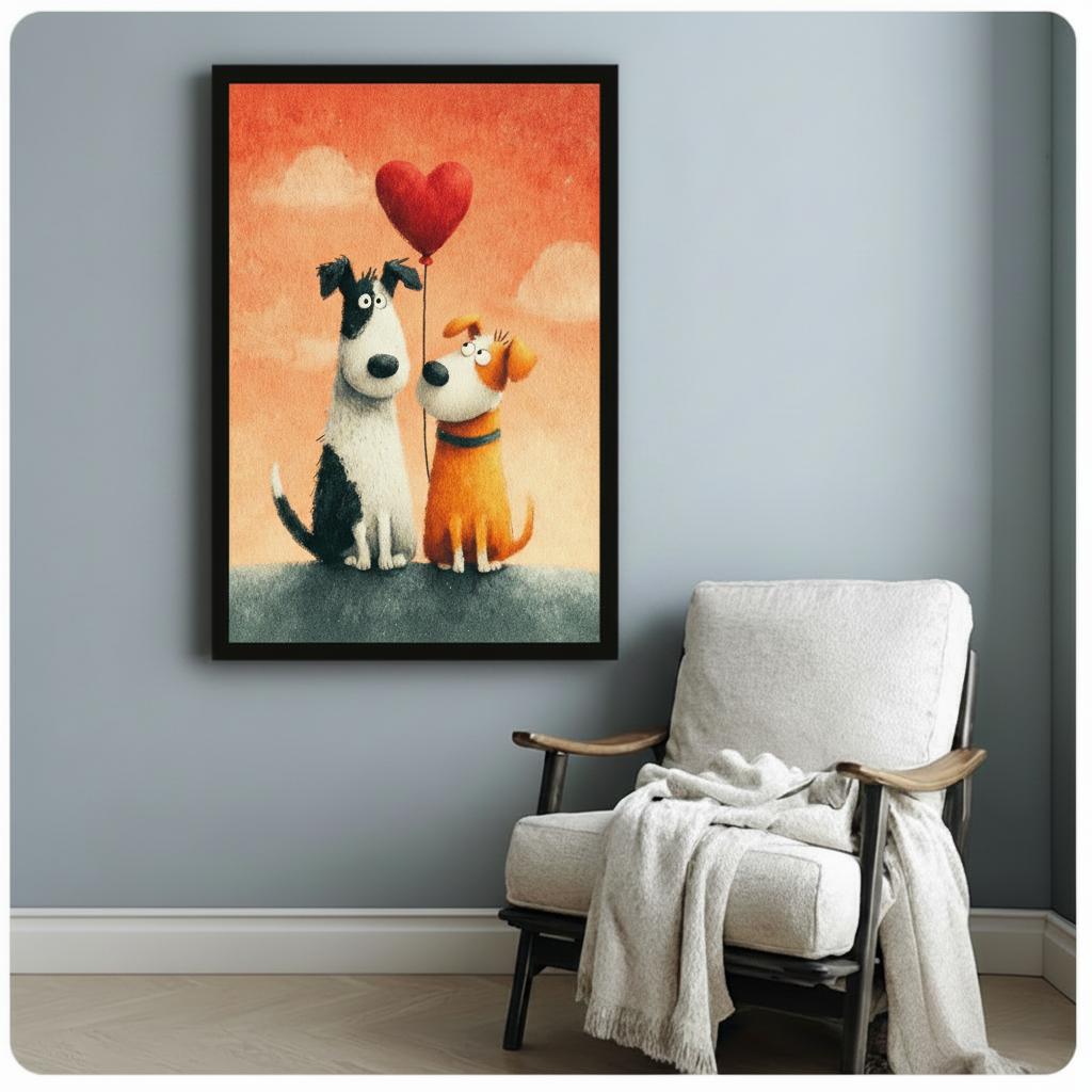Two whimsical cartoon dogs a scruffy black and white one and a small golden one with a green collar sharing a floating red heart balloon on an orange sky background cute dog love art framed print beside a white linen armchair with a throw blanket on a blue gray wall