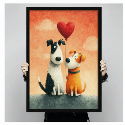 Charming illustration of two dogs sitting on a grassy hilltop with a red heart balloon floating between them warm orange sunset sky background sweet dog friendship wall art framed print held against a light gray background