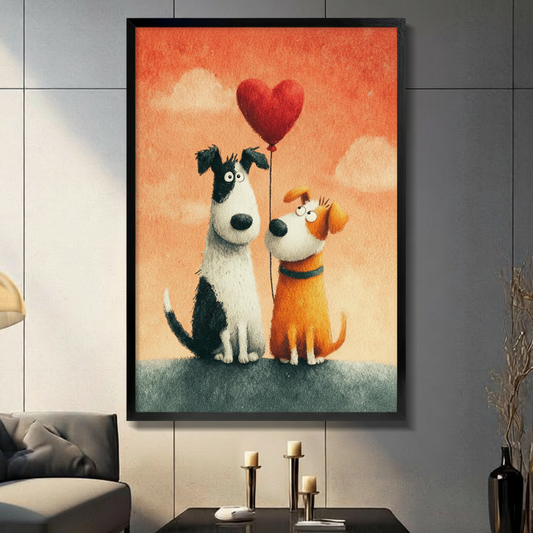 Two cartoon dogs sitting together on a grassy hill sharing a red heart balloon on a warm orange sky background whimsical dog love wall art framed print in a living room with dark gray tiled wall sofa candle holders and black vase