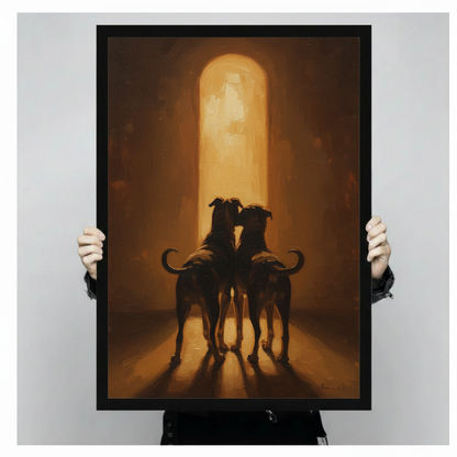 Close-up of a dramatic dark-toned art print showing two dog silhouettes leaning together under a glowing arched window, held by two hands
