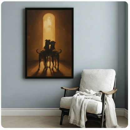 Black-framed oil painting style wall art of two dogs in warm amber light, styled beside an armchair in a cozy Scandinavian reading nook
