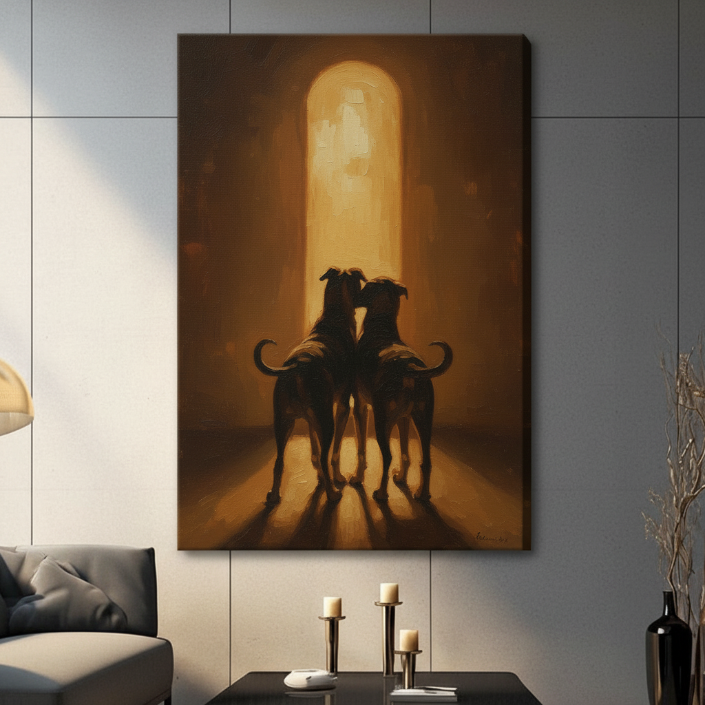 Gallery wrap canvas print featuring two greyhound-like dogs in silhouette facing a warm golden archway, hung in a contemporary living room