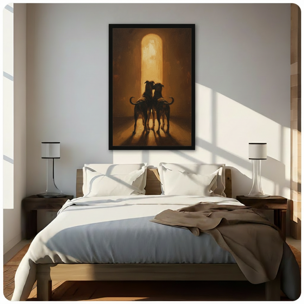 Framed moody dog wall art print hung above a bed in a bright minimalist bedroom, depicting two slender dogs in silhouette bathed in golden light
