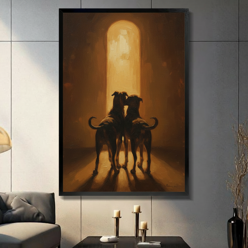 Framed dark moody wall art print of two dog silhouettes nuzzling beneath a glowing arched light, displayed in a modern living room