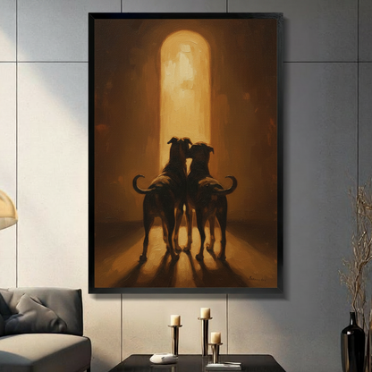 Framed dark moody wall art print of two dog silhouettes nuzzling beneath a glowing arched light, displayed in a modern living room