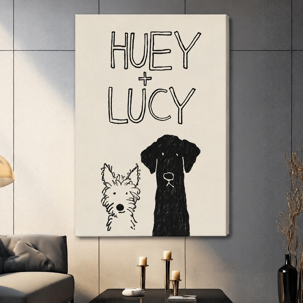 Canvas wrap two dogs Huey and Lucy sketch art print hung in contemporary living room with grey sofa and dried botanicals
