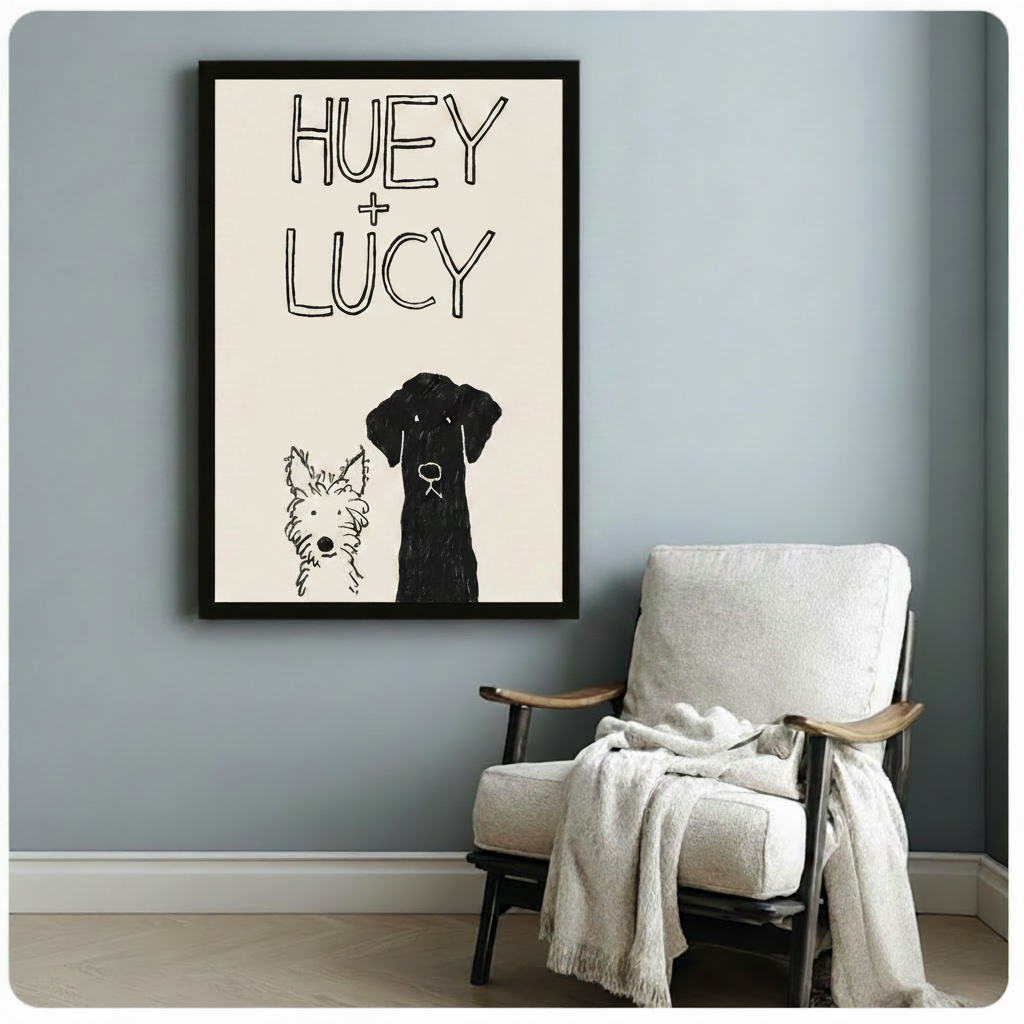 Whimsical two dogs sketch framed print on blue-grey wall beside mid-century armchair with throw blanket