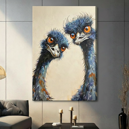 Close-up of two curious emus with shaggy blue feathers and bold orange eyes side by side on a cream background funny wildlife oil painting stretched canvas in a living room with gray sofa candle holders and black vase