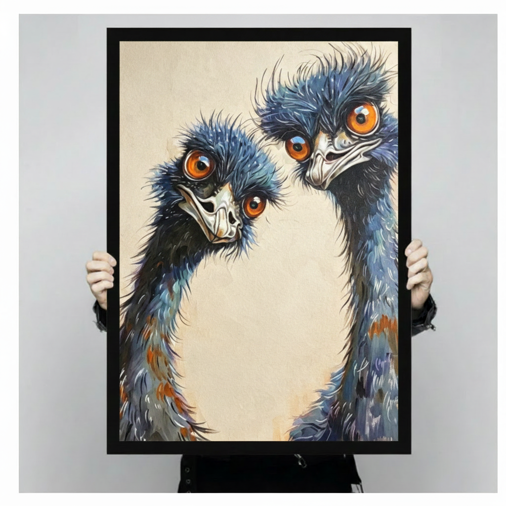 Pair of wide-eyed emus with shaggy blue feathers and vivid orange eyes on a warm cream background funny emu wall art framed print held against a light gray background
