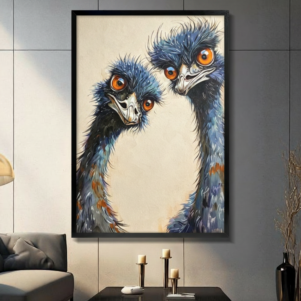 Two emus with wild blue-gray feathers and bright orange eyes peering close together oil painting bird portrait wall art framed print in a living room with gray tiled wall sofa candle holders and black vase
