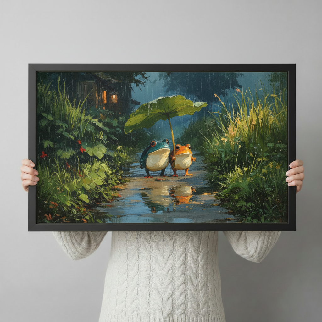 Person holding large framed canvas print of two frogs under lotus leaf in rainy garden showing actual print size and oil paint detail