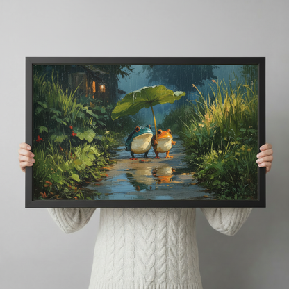 Person holding large framed canvas print of two frogs under lotus leaf in rainy garden showing actual print size and oil paint detail