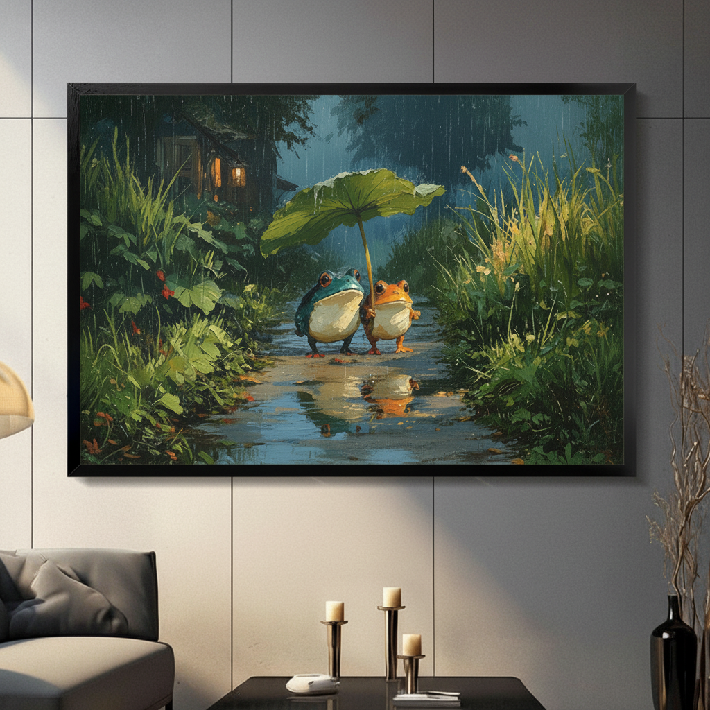 Two cute frogs sharing lotus leaf umbrella in rainy forest oil painting black float frame canvas wall art in modern living room