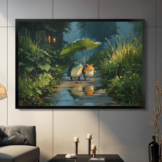 Two cute frogs sharing lotus leaf umbrella in rainy forest oil painting black float frame canvas wall art in modern living room