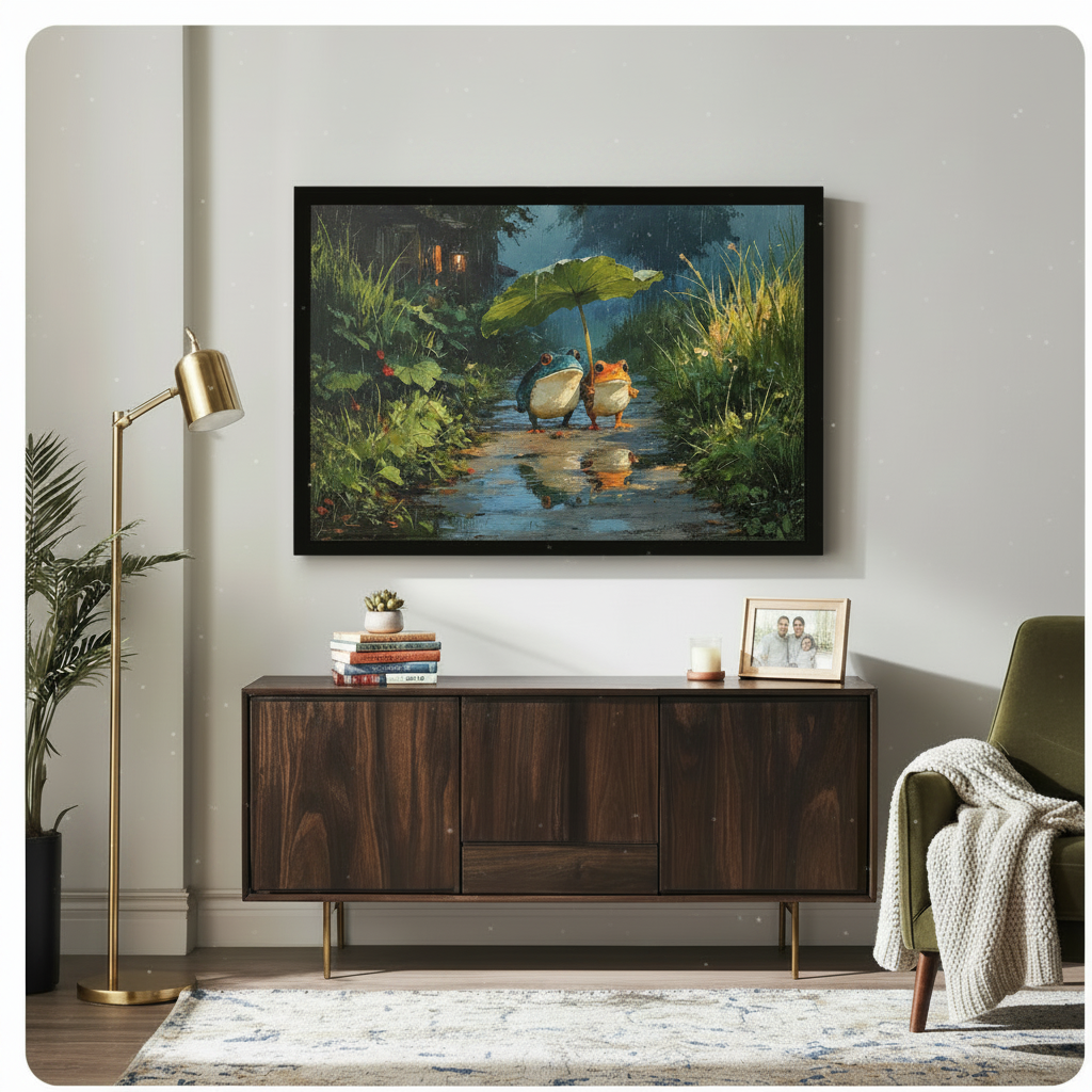 Impressionist oil painting of two frogs under lotus leaf umbrella in black frame displayed above dark wood sideboard in cozy living room