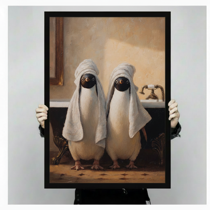 Person holding a black framed canvas print of two penguins wrapped in white bath towels, demonstrating print size and frame quality
