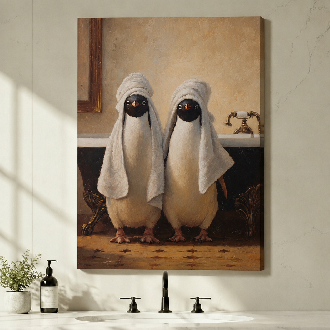 Gallery wrap canvas print of two funny penguins wearing towel turbans in an antique bathroom setting with a clawfoot tub