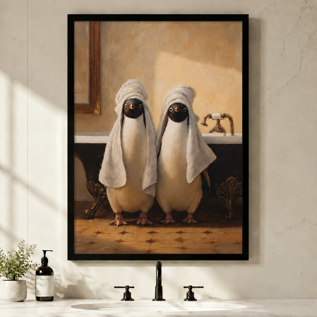 Black framed canvas wall art featuring two whimsical penguins wrapped in white towels standing in a vintage bathroom, hung above a bathroom vanity