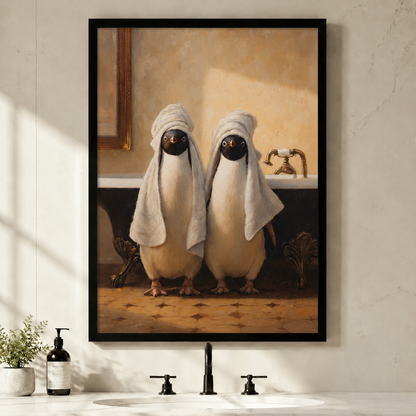 Black framed canvas wall art featuring two whimsical penguins wrapped in white towels standing in a vintage bathroom, hung above a bathroom vanity