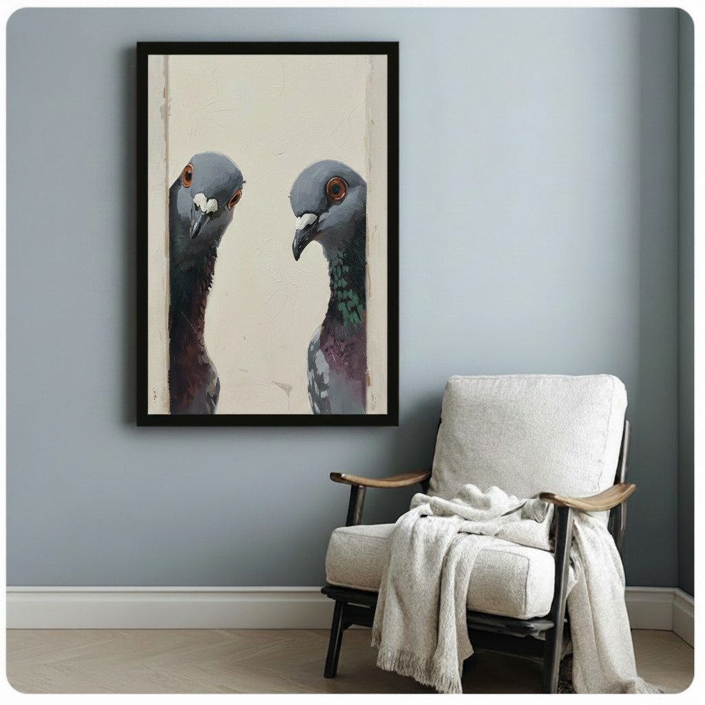 Two pigeons staring art print in black frame on blue-grey wall beside white linen armchair
