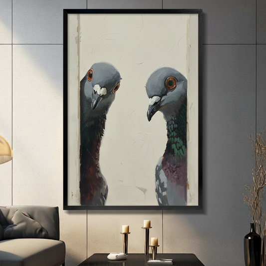 Two pigeons facing each other oil painting style framed wall art displayed in moody living room with candlelight