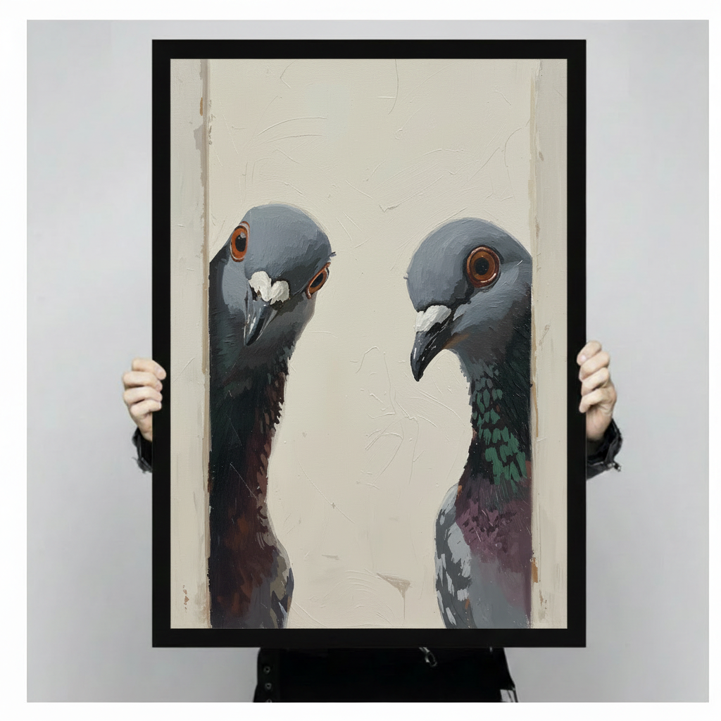 Person holding large two pigeons framed wall art print showing actual size reference with cream textured background
