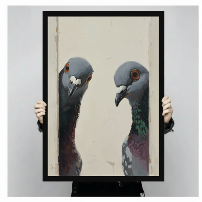 Person holding large two pigeons framed wall art print showing actual size reference with cream textured background