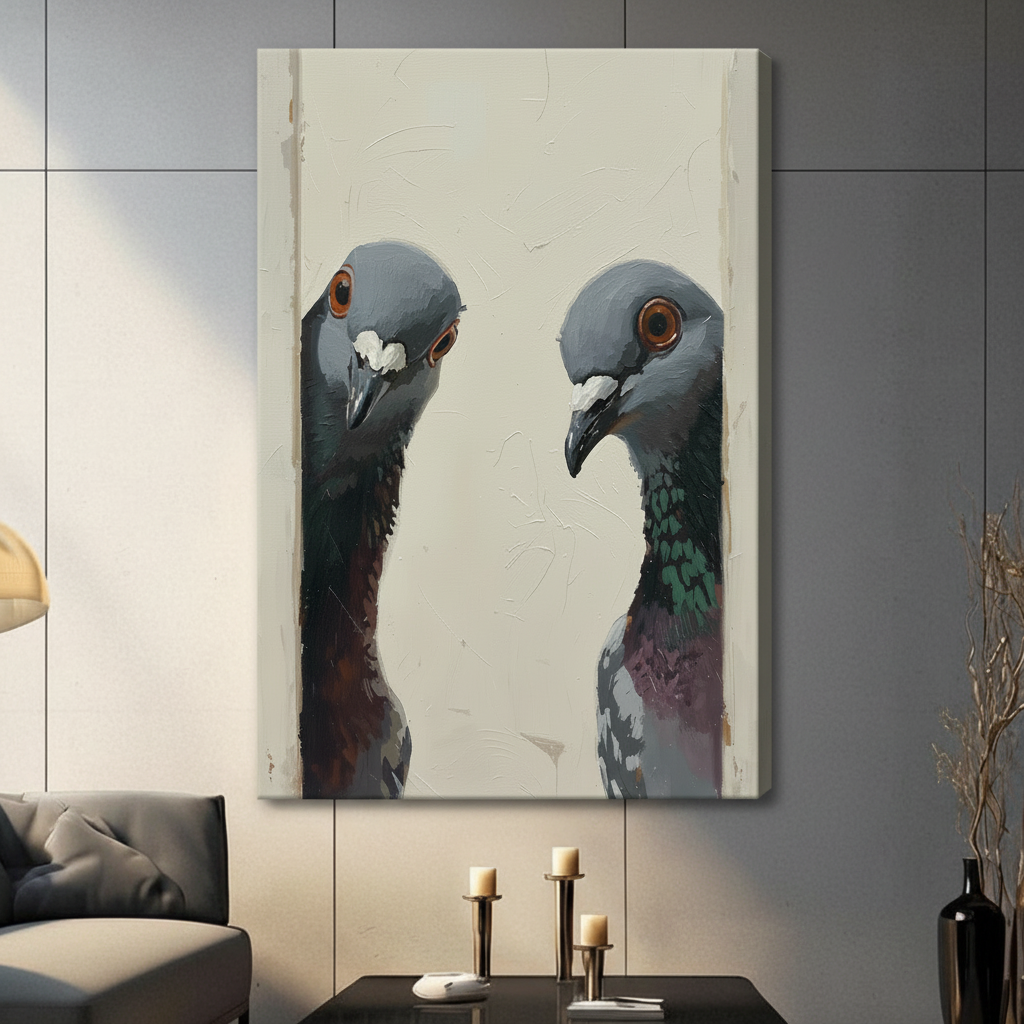 Realistic two pigeons portrait gallery wrapped canvas art hanging in contemporary living room with grey sofa