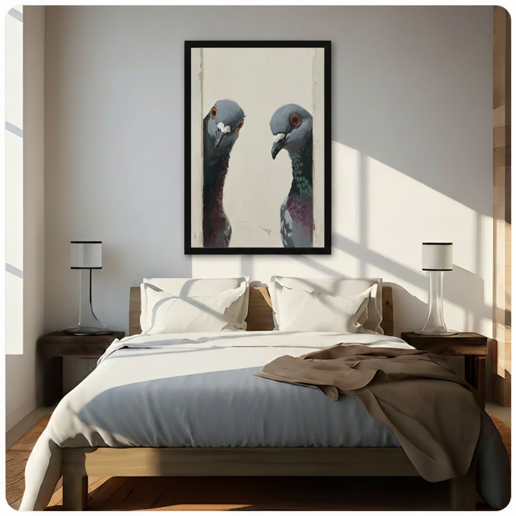 Two pigeons facing wall art in black frame mounted above bed in bright minimalist bedroom with natural light