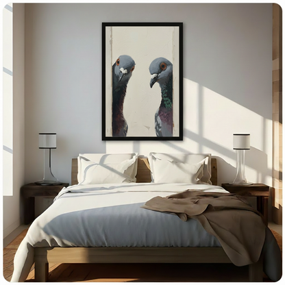 Two pigeons facing wall art in black frame mounted above bed in bright minimalist bedroom with natural light