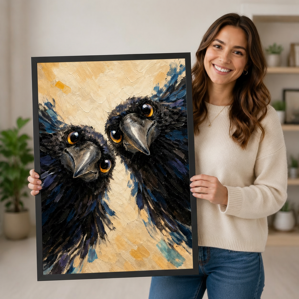 Woman holding large two ravens oil painting art print showing size reference, close-up crow portrait wall art with vivid amber eyes and textured brushwork
