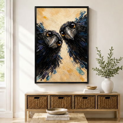 Two curious ravens close-up oil painting framed wall art above a wicker basket sideboard, bold black bird portrait with golden eyes on warm beige background