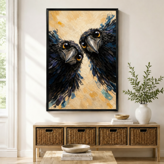 Two curious ravens close-up oil painting framed wall art above a wicker basket sideboard, bold black bird portrait with golden eyes on warm beige background