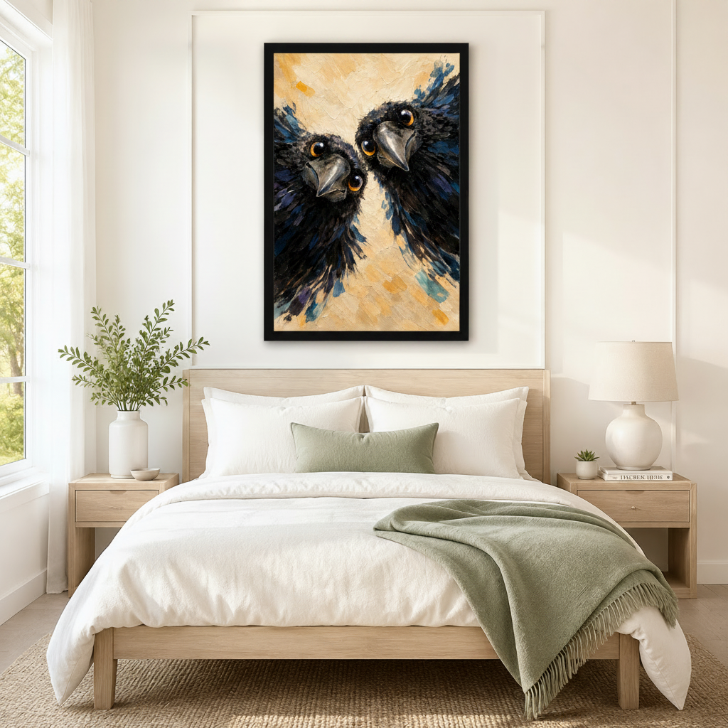 Two ravens close-up framed wall art above a neutral Scandinavian bedroom bed, bold black bird painting as statement bedroom wall decor