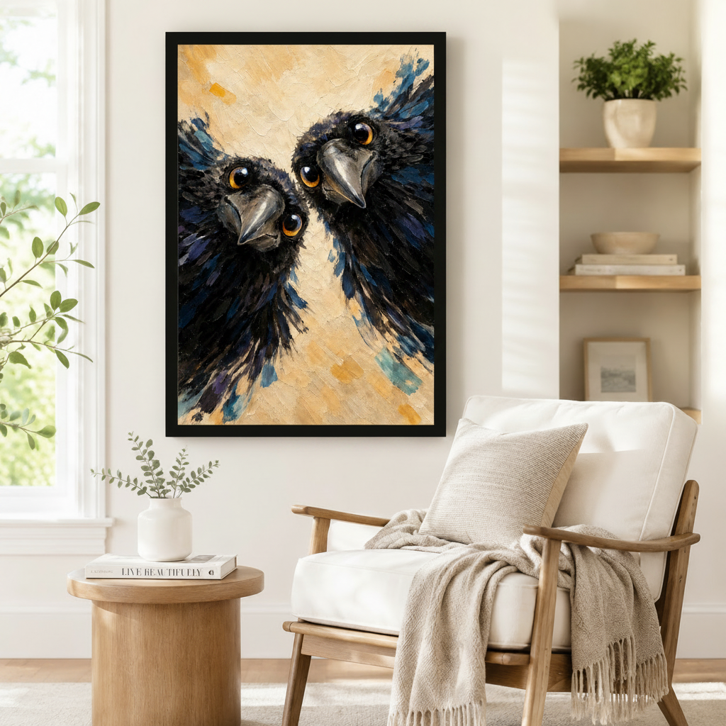 Two black ravens face-to-face framed poster art beside a Scandinavian armchair, whimsical bird wall art with rich blue-black feathers and golden background
