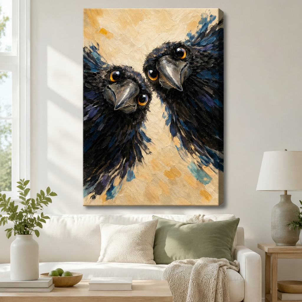 Expressive two ravens portrait canvas wall art hung above a white sofa, textured oil painting style black crow duo with amber eyes for living room decor
