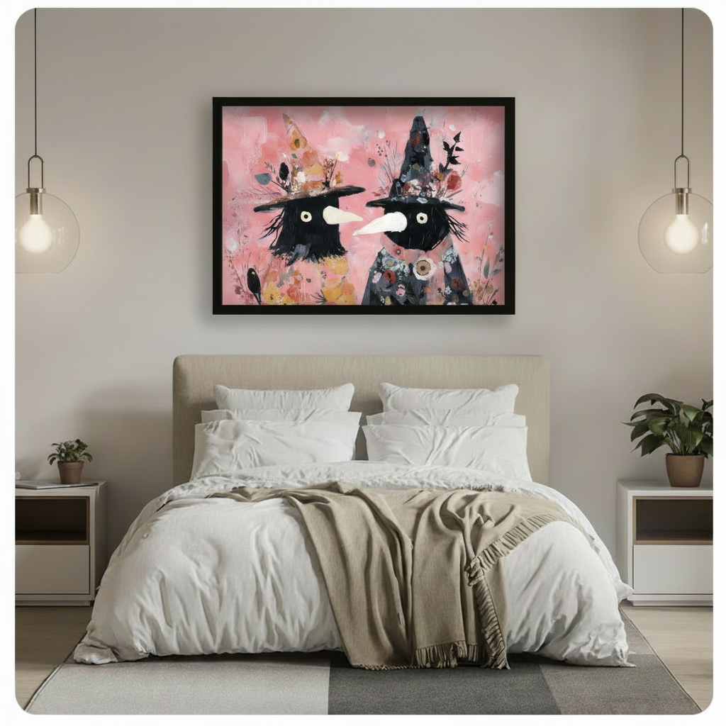 Framed whimsical witch wall art hung above a linen upholstered bed in a soft neutral bedroom with pendant lights, featuring two playful witch figures with floral hats on a blush pink background